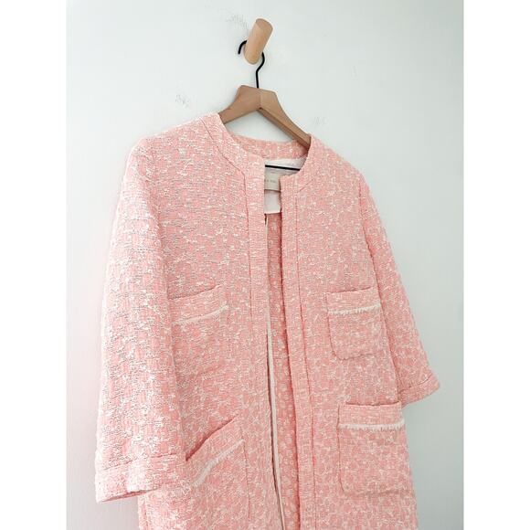 Zara Boucle Overcoat Size Medium Pink Peach Jacquard Shacket Jacket Coat - Picture 7 of 12